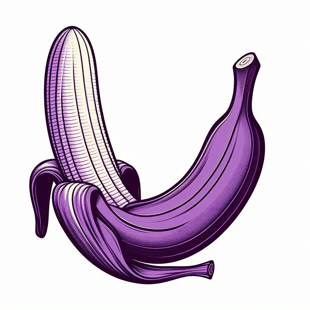 A purple banana that has no curve. The banana is completely straight.