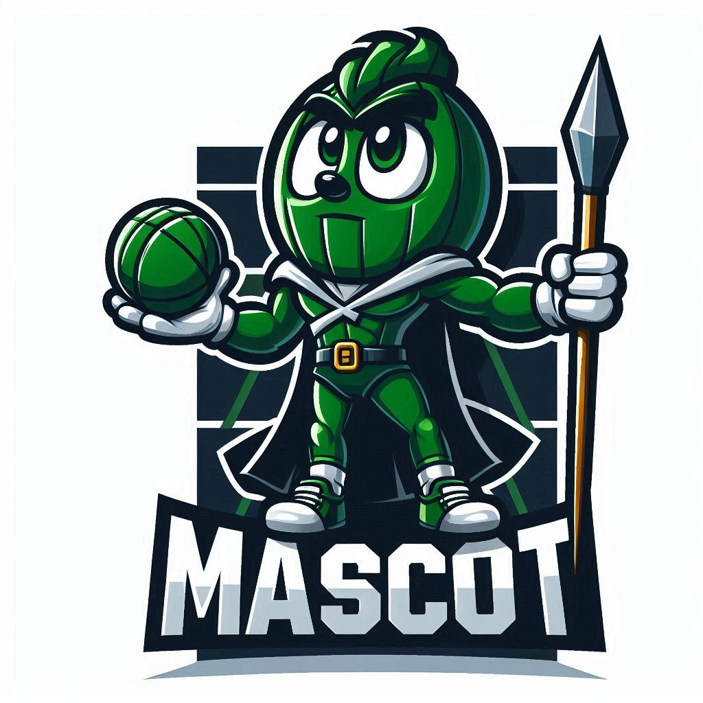 A sports mascot holding a green ball and a javelin with the word "mascot" below.