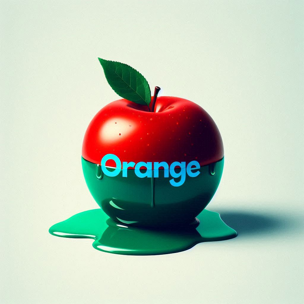 A minimalist image of a red delicious apple with a green leaf with the word orange written in blue font. The apple is wet with a green liquid, and the liquid is puddled below the apple.