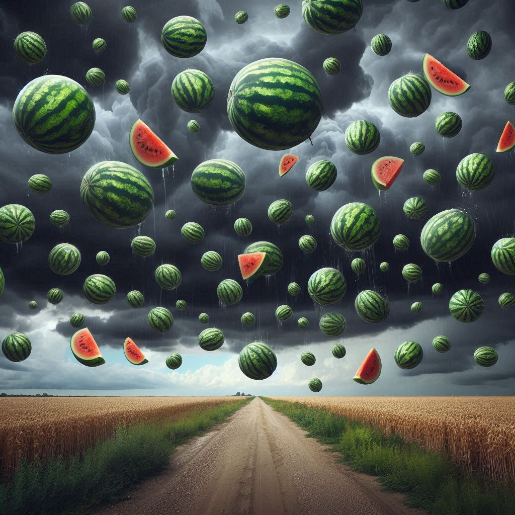 Watermelons raining from a stormy sky.